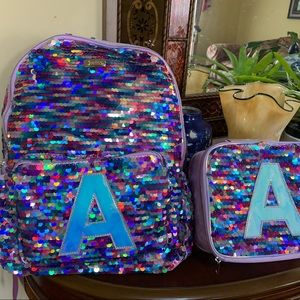 Justice Unicorn FlipSequin Initial A Backpack & lunch Tote set New w/tags